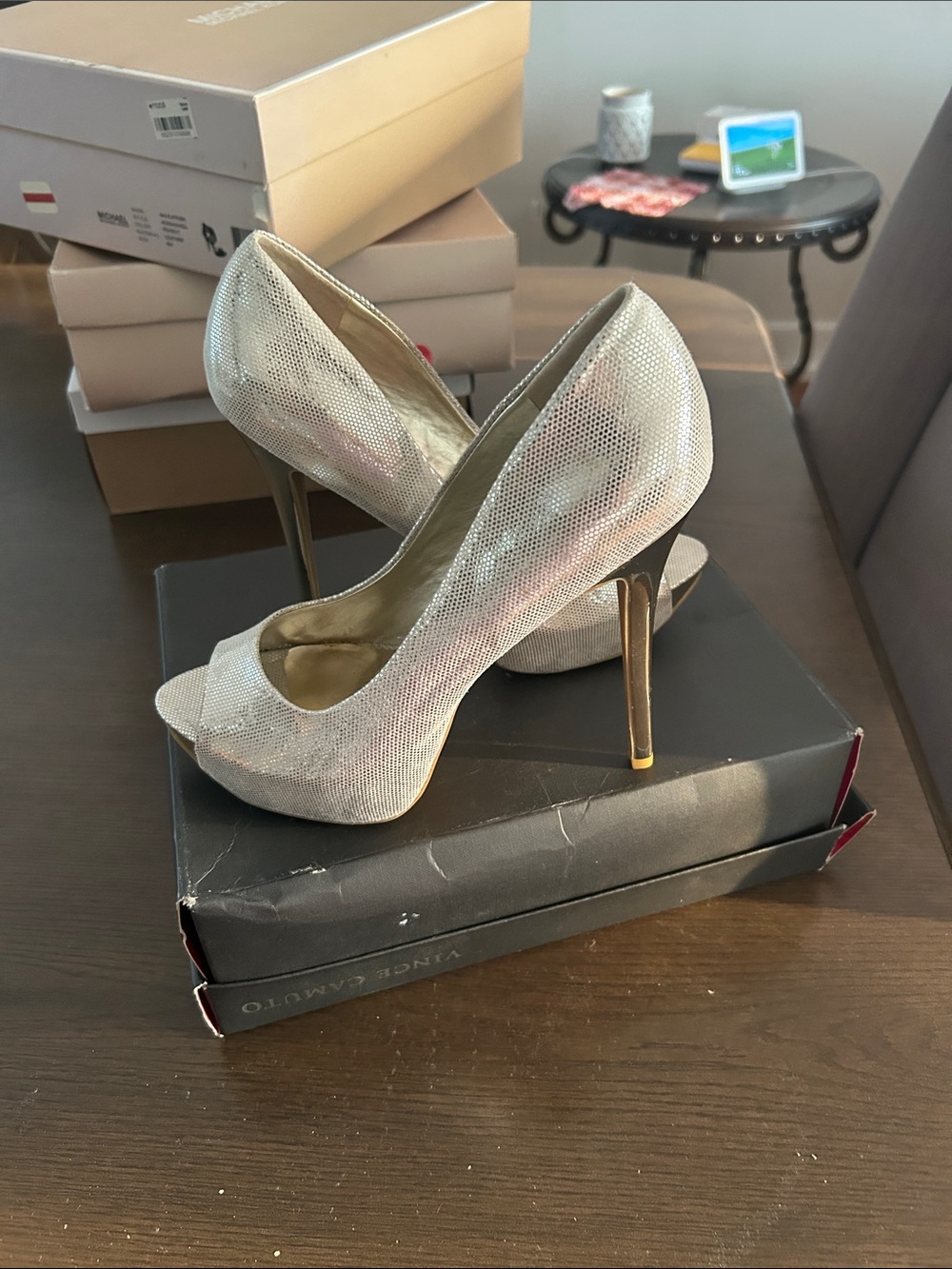 Carlos Santana Silver Metallic Peep-Toe Stilettos